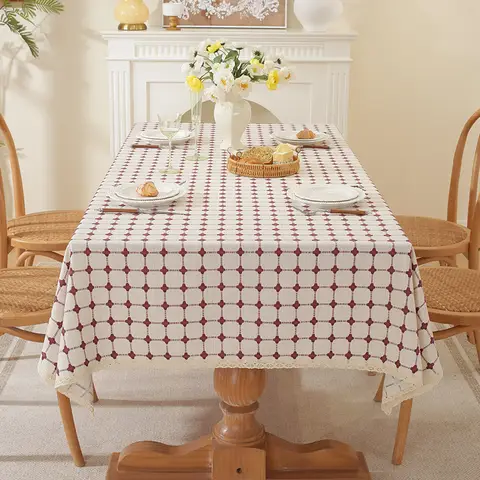 Rustic Embroidered Lattice Tablecloth Plaid Rectangle Table Cloth with Lace Trim Cotton Linen Dust-Proof Checkered Table Cover for Kitchen Dinning - 55"x90", Light red