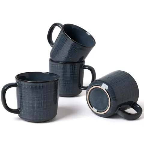Famiware Keramik-Kaffeetassen, 14 oz, Set mit 4 Stück – Tiefblaue Tassen mit Stofftextur für Zuhause, Büro und Café