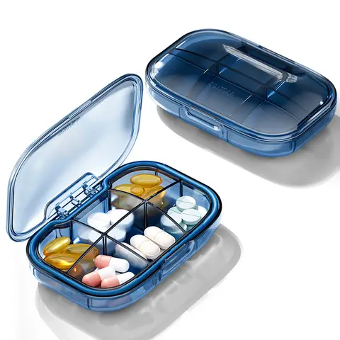 2 Packk Portable Travel Medicine Sub Container Six-Compartment Plastic Storage Case Blue Anti Humidity