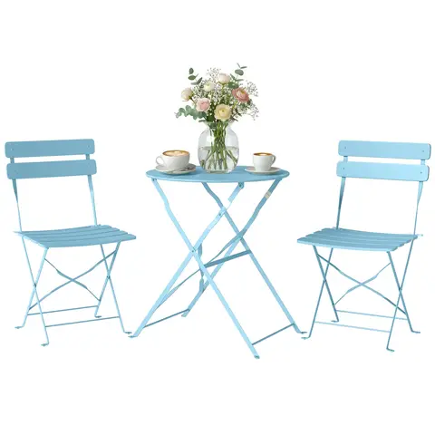 Outsunny 3 Piece Folding Bistro Set, Round Bistro Table and Chairs Set 2 with Electrophoresis Metal Frame, Small Outdoor Garden Furniture Conversation Sets for Patio, Balcony, Porch, Light Blue