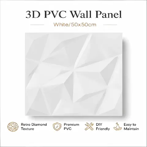 3D-Wandpaneele für Innendekoration, Antikes Diamantmuster PVC-Dekorplatten, Weiße Wandfliesen (12 Stück, 50 ×50 cm)