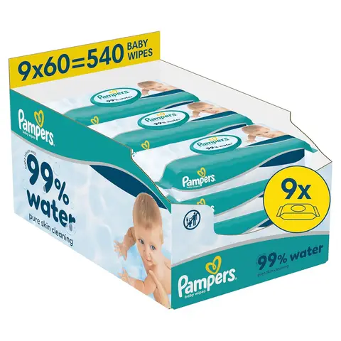 Pampers 99% Water Baby-Feuchttücher, 9 Packungen mit 60 Feuchttüchern = 540 Baby-Feuchttücher, leichte Lotion mit 99% Wasser