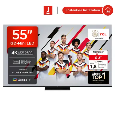 TCL 55Q7C QLED Mini LED Fernseher, 55 Zoll, 4K HDR Premium, Dolby Vision IQ & Atmos, Smart TV mit Google TV, Bang & Olufsen 6.2.2 Sound, 144Hz VRR, AMD FreeSync Premium Pro, HDMI 2.1, AirPlay 2, Alexa, IMAX Enhanced