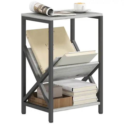 HOMCOM Table d'appoint étroite, bout de canapé avec rangement à 3 niveaux, porte-revues en V, cadre en acier, table basse industrielle pour salon, chambre, 40 x 30 x 61 cm, gris foncé