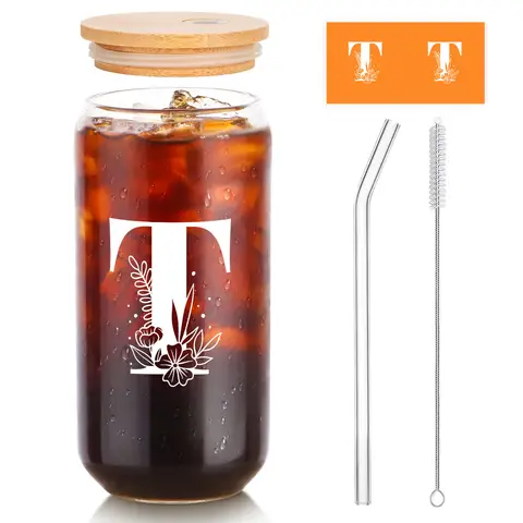 Alphynix 1pc Modern Glass Cup, 500ml Tall Iced Coffee Glass with Monogram "T" Design, Bamboo Lid & Straw, Cold Drink Tumbler for Iced Tea, Juice, Boba