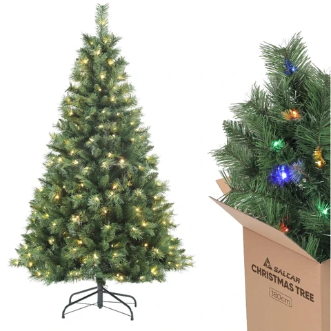 SALCAR Sapin de Noël Artificiel Lumineux 180cm, Arbre de Noel avec 250 LED, 580 Pointes de Branche, Gants et Pieds de Sapin de Noël en Métal, Lgnifuge, Assemblage Rapide