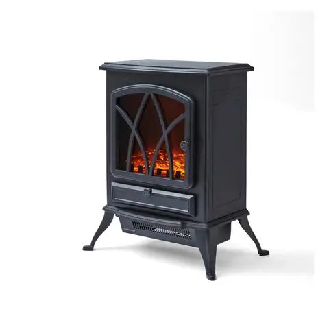 Warmlite Stirling Portable Electric Fire Stove Heater, 2000W, 2 Heat Settings, Realistic LED Flame Effect, Adjustable Thermostat, Overheat Protection - Black, WL46018