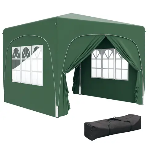 Outsunny 3 x 3(m) Pop Up Gazebo with Sides and Carry Bag, UPF50+, Height Adjustable Party Tent Instant Event Shelter for Garden, Outdoor, Patio, Dark Green