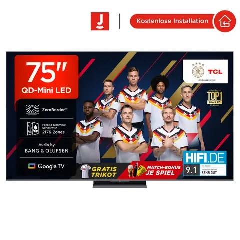 TCL 75Q8C 75 Zoll QD Mini LED, 4K HDR Premium 4500, ZeroBorder™, Smart Google TV, CrystGlow WHVA-Panel, Audio von Bang & Olufsen, 144 Hz Motion Clarity Pro, Dolby Vision IQ & Atmos
