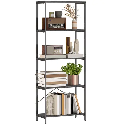 HOMCOM 5-Tier Bookshelf, Industrial Bookcase, Floor Standing Book Shelf with Metal Frame, Wide Storage Rack Dark Grey and Bla