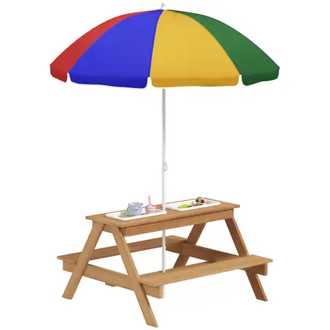 AIYAPLAY Kids Picnic Table, Sand and Water Table with Wooden Benches, Adjustable Parasol and Storage Bins, Outdoor Garden Furniture for Children 3-6 Years, Multicolour