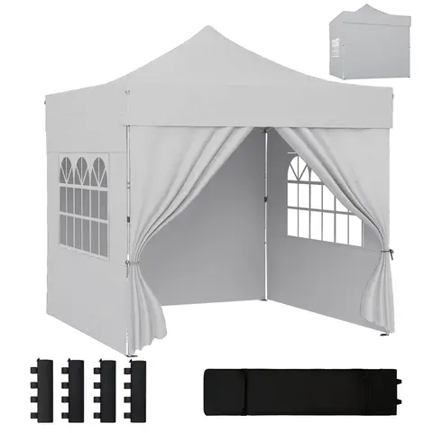 Outsunny 3 x 3 m Pop Up Gazebo with Sidewalls, UPF50+ Heavy Duty Outdoor Garden Party Tent Marquee Wedding Awning Canopy Instant Event Shelter with 4 Sandbags, Wheeled Carry Bag, Silver Grey