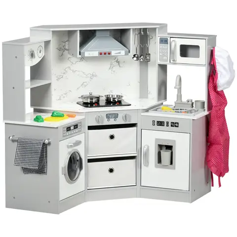 AIYAPLAY Kids Corner Kitchen, Toy Play Kitchen, Role Play Toddler Kitchen with Running Water, Lights, Sounds, Apron and Chef Hat