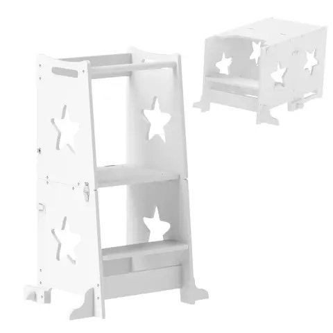 AIYAPLAY Toddler Step Stool, Standing Tower, 2 in 1 Toddler Step with Safety Rail, for Kitchen, Bathroom, Counter, White