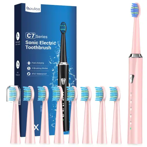 Coulax Hollow-Cup Electric Toothbrush, 8 Brush Heads, 5 Modes - Cherry Pink