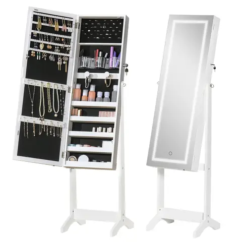 HOMCOM Jewellery Cabinet with LED Light, Lockable Jewellery Organiser with Full-Length Mirror for Bedroom Dressing Room, White