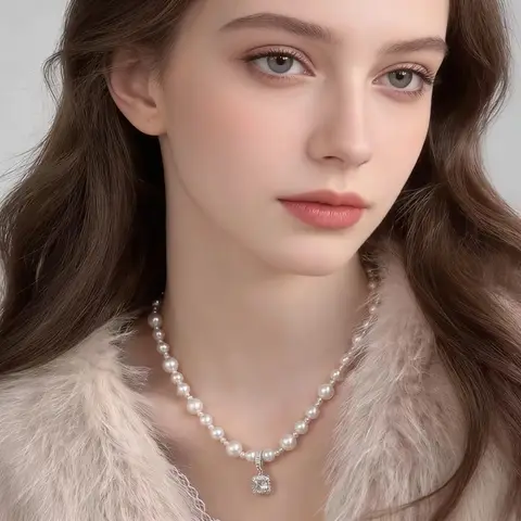 VoxorAI XL25 Rose Gold Bubble Sugar Cube Necklace, Pearl Necklace, Sweater Chain, Pendant, Detachable, Suitable for All Season