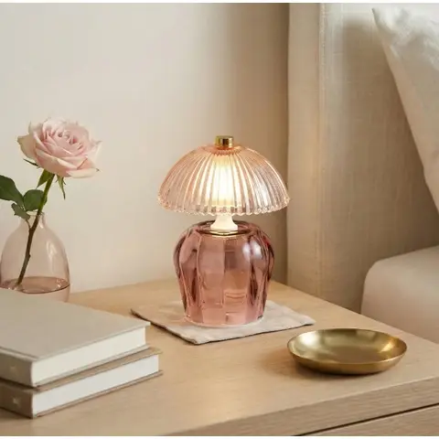 Candlelight Table Lamp Vintage Ridged Glass Shade LED Pink H:14.6cm