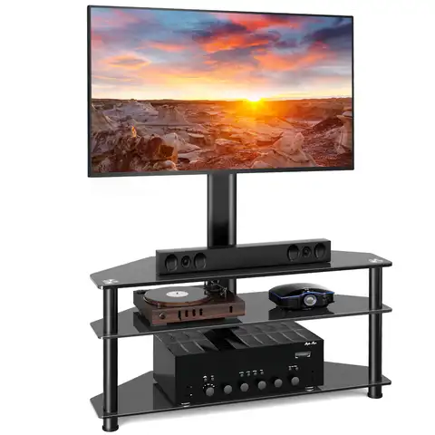 Corner TV Stand for 32-70 inch LED LCD OLED Plasma Flat Curved TVs, Height Adjustable TV Cabinet With Bracket up to 40kgs, Swivel TV Floor Stand with Tempered Glass Shelves Max VESA 600x400mm