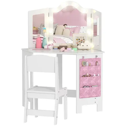 AIYAPLAY Kids Dressing Table and Stool Set, Girls Vanity Table with 2-Colour LED Lights, Tri-Folding Mirror and Side Storage Pocket, Children Makeup Desk for Ages 3-8 Years, White