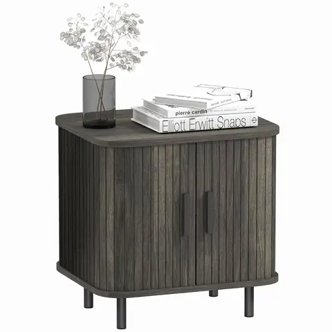 HOMCOM Bedside Table, Nordic Side Table with Roller Shutter Style Sliding Doors and Metal Legs for Bedroom Grey