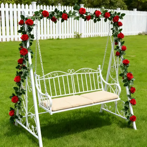 Wei's Moment Pack of 2 7.54FT Rose Garlands Red Flower Garland Artificial Flowers Hanging Plant Rose Garlands for Flower Wall Decoration Wedding Garden Fences Party (Red)