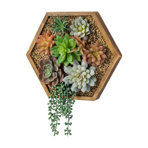 MyGift 3D Kunst Wanddekoration mit Sukkulenten, vertikale sechseckige rustikale Holzpflanzbox im verbrannten Look, künstliche Sukkulenten und künstliche Perlenschnur-Dekoration