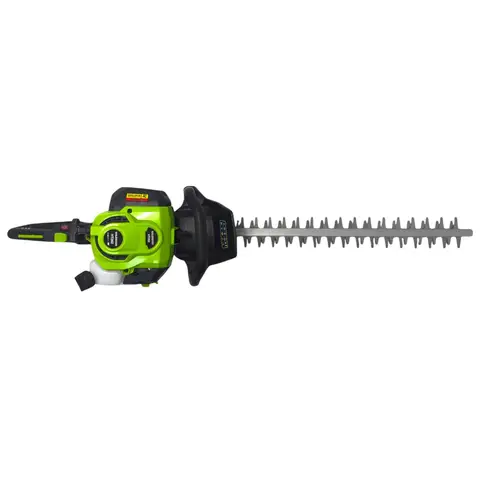 WALDMANN Hedge Trimmer HT262, Motor-Modell 1E34F-3EA, Hubraum 25,4 cm³, Nennleistung 0,7 kW/0,95 HP, Nenndrehzahl 7000 U/min, Kraftstoff-/Ölverhältnis 40:1, Kraftstofftankvolumen 320 ml, Scherenhubgeschwindigkeit (Schneidenhub) 1725 U/min, Schnittbreite 570 mm
