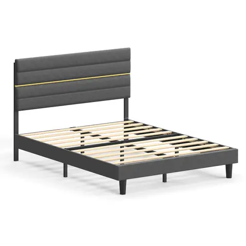 SONGMICSHOME Bedframe, tweepersoonsbed, geschikt voor een matras van 140 x 200 cm, verstelbare gestoffeerde hoofdbord, van metaal, massief hout, modern, grijs