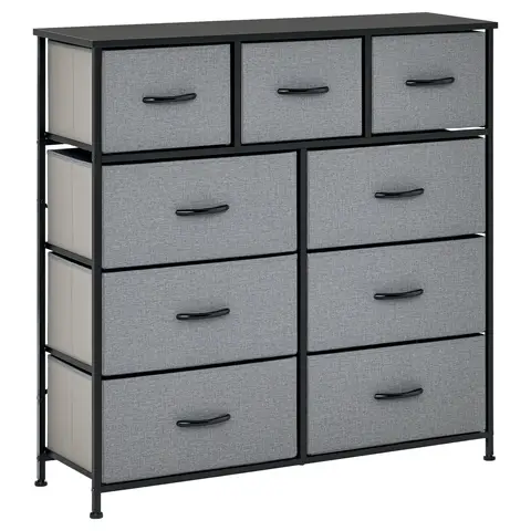 HOMCOM 9 Drawers Storage Chest Dresser Organizer Unit w/ Steel Frame, Wood Top, Easy Pull Fabric Bins, for Bedroom, Hallway, Entryway, Black & Grey