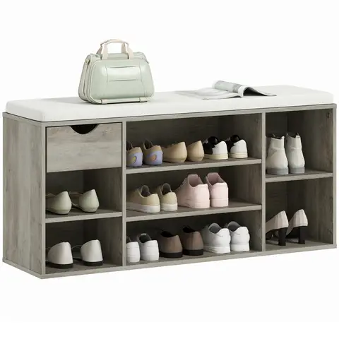 HOMCOM Shoe Bench with Seat Cushion Shoe Storage Cabinet with 7 Compartments Drawer Adjustable Shelves Grey