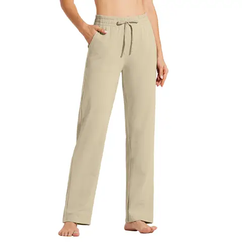 Willit Women's Cotton Sweatpants Open Bottom Yoga Sports Straight Leg Pants with Pockets khaki M