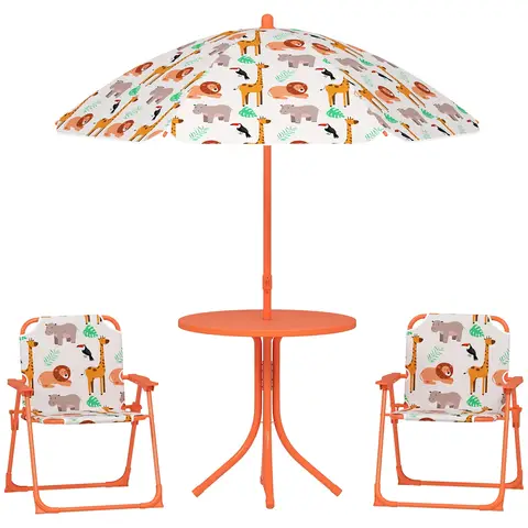 AIYAPLAY Kids Patio Set, Children Table and Chair Set, Outdoor Picnic Table with 2 Folding Chairs and Umbrella for 2-5 Years Boys Girls, Orange