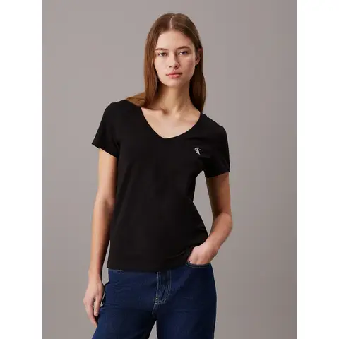 Calvin Klein dames T-shirt met CK-borduurwerk, V-hals van stretchstof, zwart, maat S