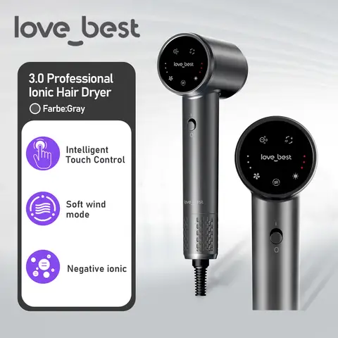 Love Best Air3.0 High-Speed Ionic Hair Dryer, Grey - Professional Ionic Hair Dryer for Fast Drying, Low Noise, Lightweight, with 600 Million Negative Ions and Diffuser for Curly Hair Women, Men, Home, Travel, Salon Use
