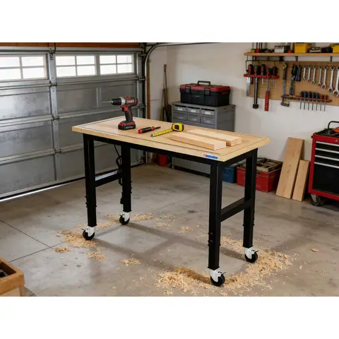 LARBANKE Adjustable 120cm Workbench,Multiple Height Adjustments Workstation,Workbench with Scale,Power Plate and Wheels,for Home,Garage,Office,Holds up to 900kg