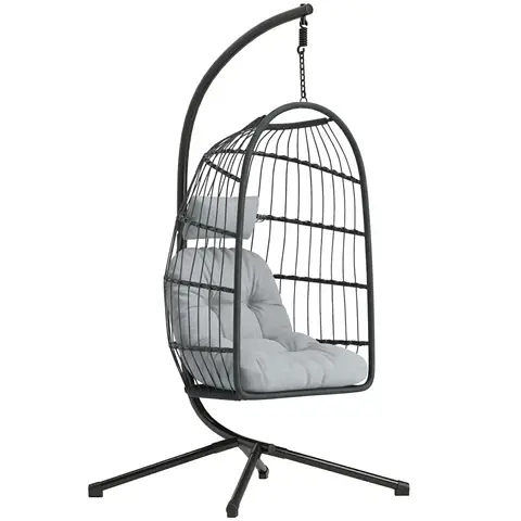 Outsunny Hanging Egg Chair, Indoor Outdoor Hammock Swing Chair with Stand, Safety Strap, Foldable Basket, Thick Cushions, Hea