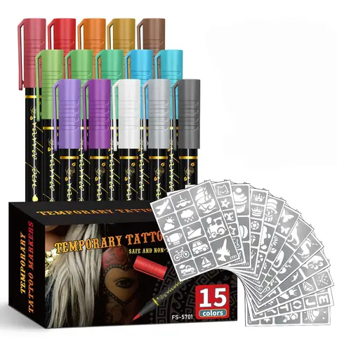 15 Colors Temporary Tattoo Pens Set, 12 Tattoo Stencils, Professional Body Art Markers for Kids Adults, Festival Party Supplies