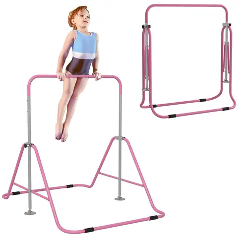 HOMCOM Kids Gymnastic Bar, Foldable Horizontal Bars w/ Adjustable Height, Training Bar w/ Triangle Base Pink