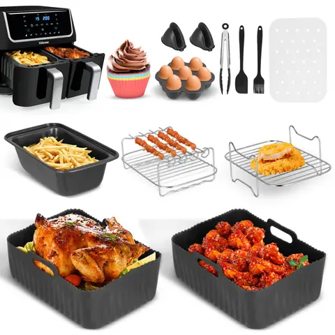 Ensemble d'accessoires de 12 pièces pour friteuses à air à double zone - compatible avec les friteuses à air à double chambre (ensemble XL, adapté aux modèles de 7 litres, 6-10 litres et 4 litres) 12 pièces/ensemble