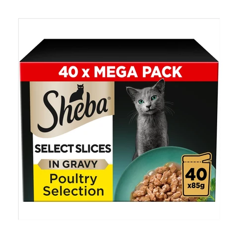 Sheba Select Slices Adult Cat Food Pouch Poultry Selection in Gravy Mega-Pack 40 x 85g