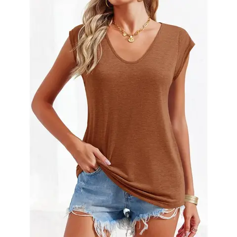 Women's' Cap Sleeve Casual Loose fit Basic Shirts Tank Tops (brown， XL)