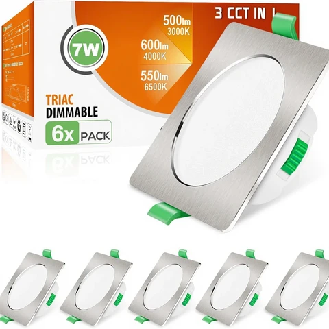ALUSSO LED Einbaustrahler 230 V, quadratisch, dimmbar, flach, 68 mm, 7 W, IP44, LED Spotlights, warmweiß/neutralweiß/kaltweiß, Deckenstrahler für Badezimmer, Küche und Wohnzimmer, gebürstetes Nickel, Set mit 6