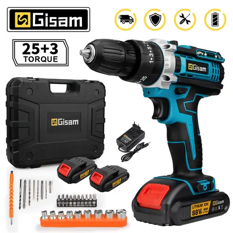 GISAM Perceuse-visseuse à percussion sans fil 25+3 réglages de couple 2 vitesses batterie lithium-ion outils électroportatifs