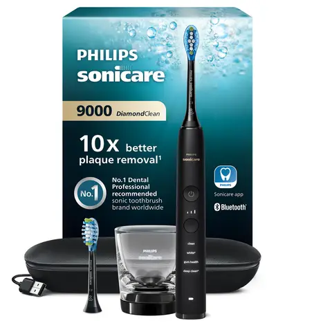 Philips Sonicare  DiamondClean 9000 HX9913/18  Brosse à dents électrique avec application, capteur de pression, 4 modes de brossage, 3 niveaux d'intensité, verre de charge, coffret voyage USB - Noir