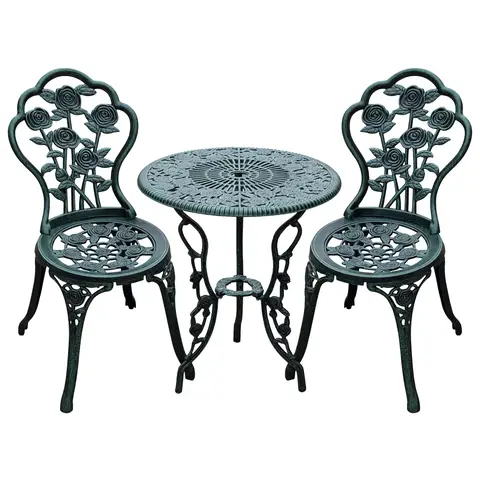 Outsunny Garden Bistro Set with Umbrella Hole, 3 Piece Cast Aluminium Garden Furniture Set, Antique Floral Round Coffee Table and Chairs, Small Balcony Furniture for Outdoor, Patio, Green