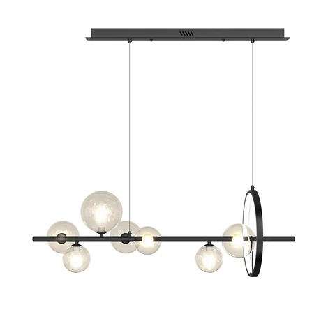 Moderne minimalistische 7-Flammen-Kücheninsel-Leuchte mit Glas-Kugelschirm in Schwarz