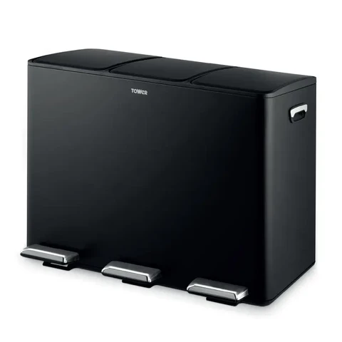 Tower Recycling Pedal Bin with Three Compartments, 45 L, Black