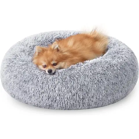FEANDREA PGW038G01 Plüsch Hundebett, Katzenbett, Donut-Kissen, waschbar, abnehmbare Polsterung in der Mitte, langer Plüsch, 60 cm Durchmesser, Ombre-Grau