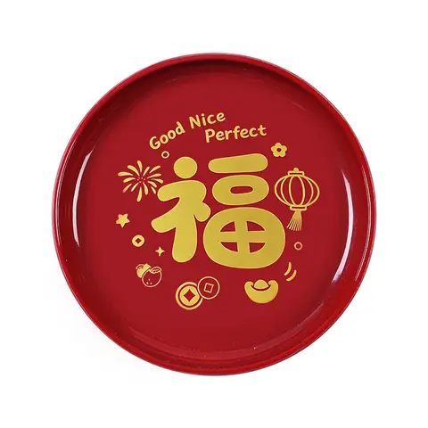 34*34*4cm Glück und Freude kommen an  
Neujahr rote Bonbon-Schale, chinesische festliche Melamin-Trockenfrüchte-Platte, runde und quadratische Obstplatte